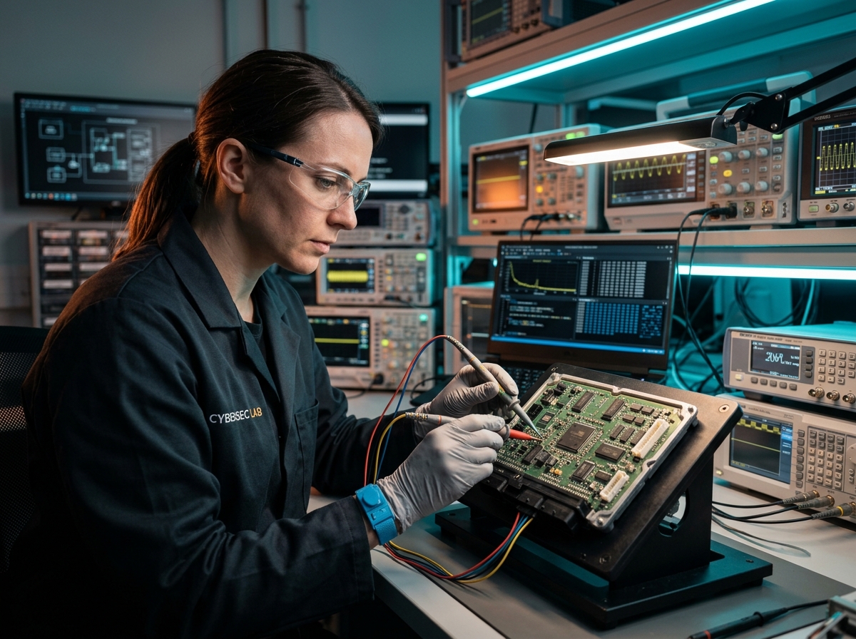Cybersecurity engineer testing an automotive ECU board with diagnostic probes and oscilloscopes in an engineering lab