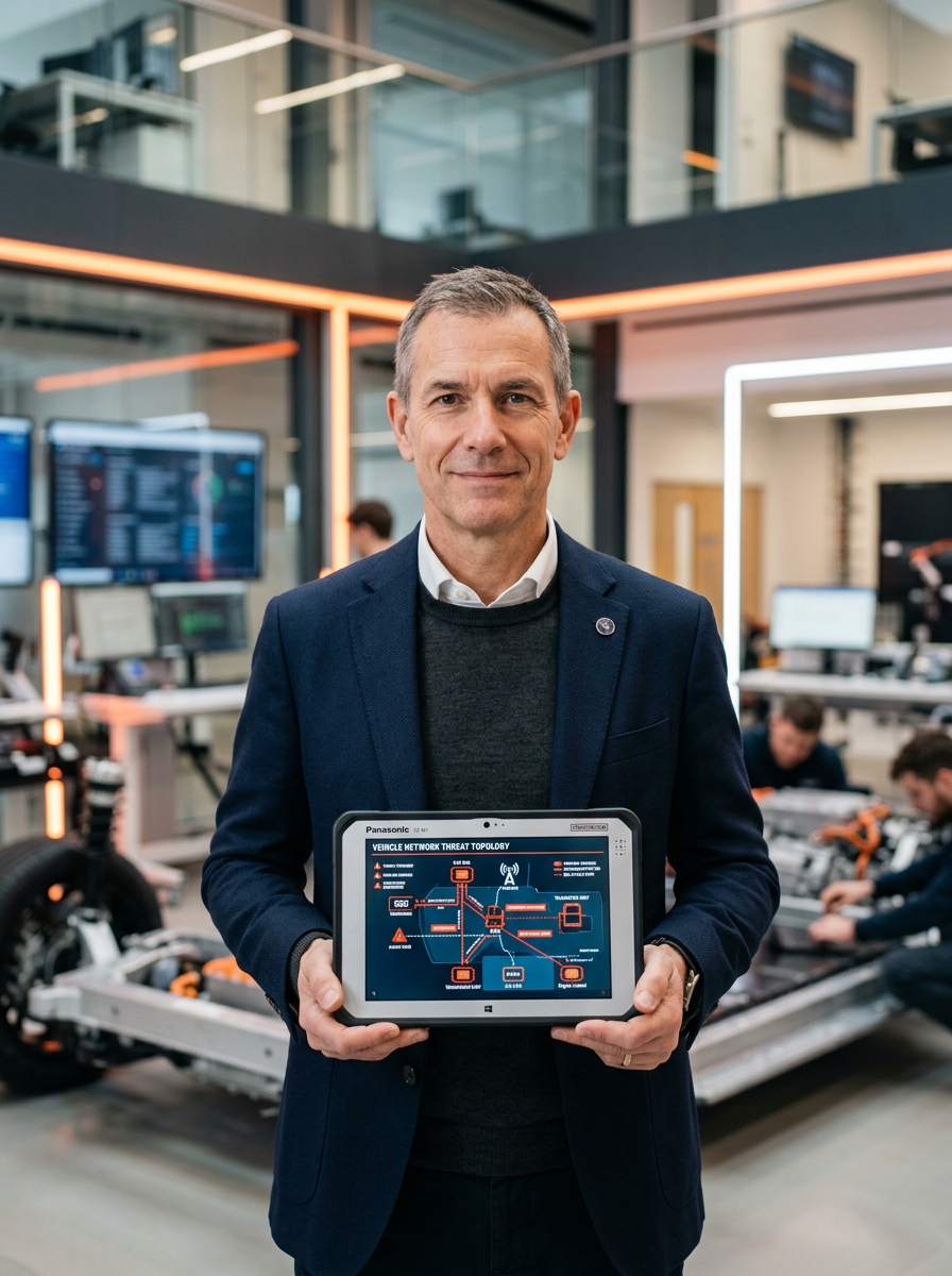 Senior automotive cybersecurity architect reviewing vehicle network threat topology on a diagnostic tablet
