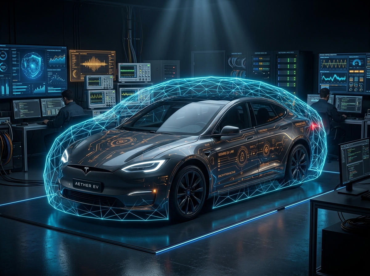 Connected electric vehicle protected by a holographic cyber defense shield inside a high-tech cybersecurity testing lab