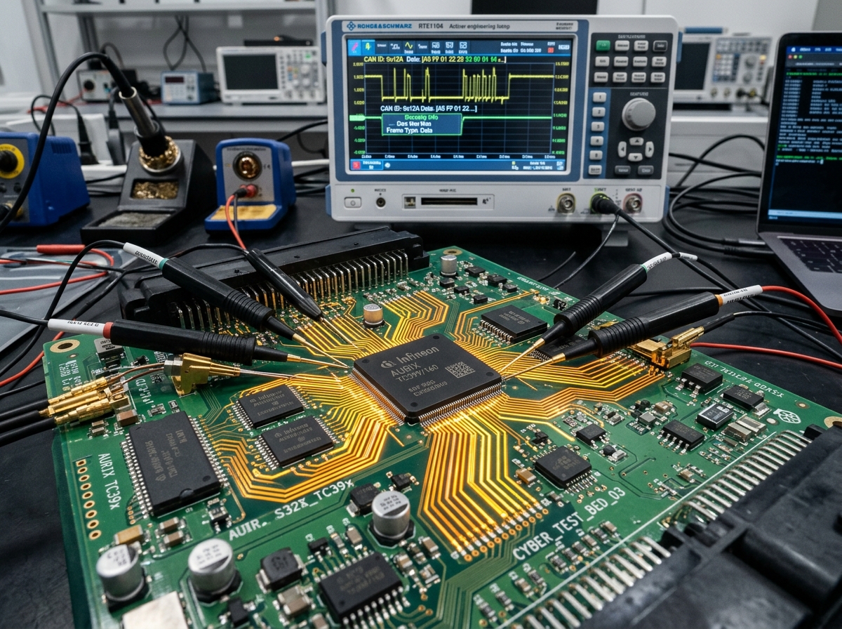 Infineon AURIX automotive ECU testbed undergoing CAN-FD bus logic analysis and vulnerability testing