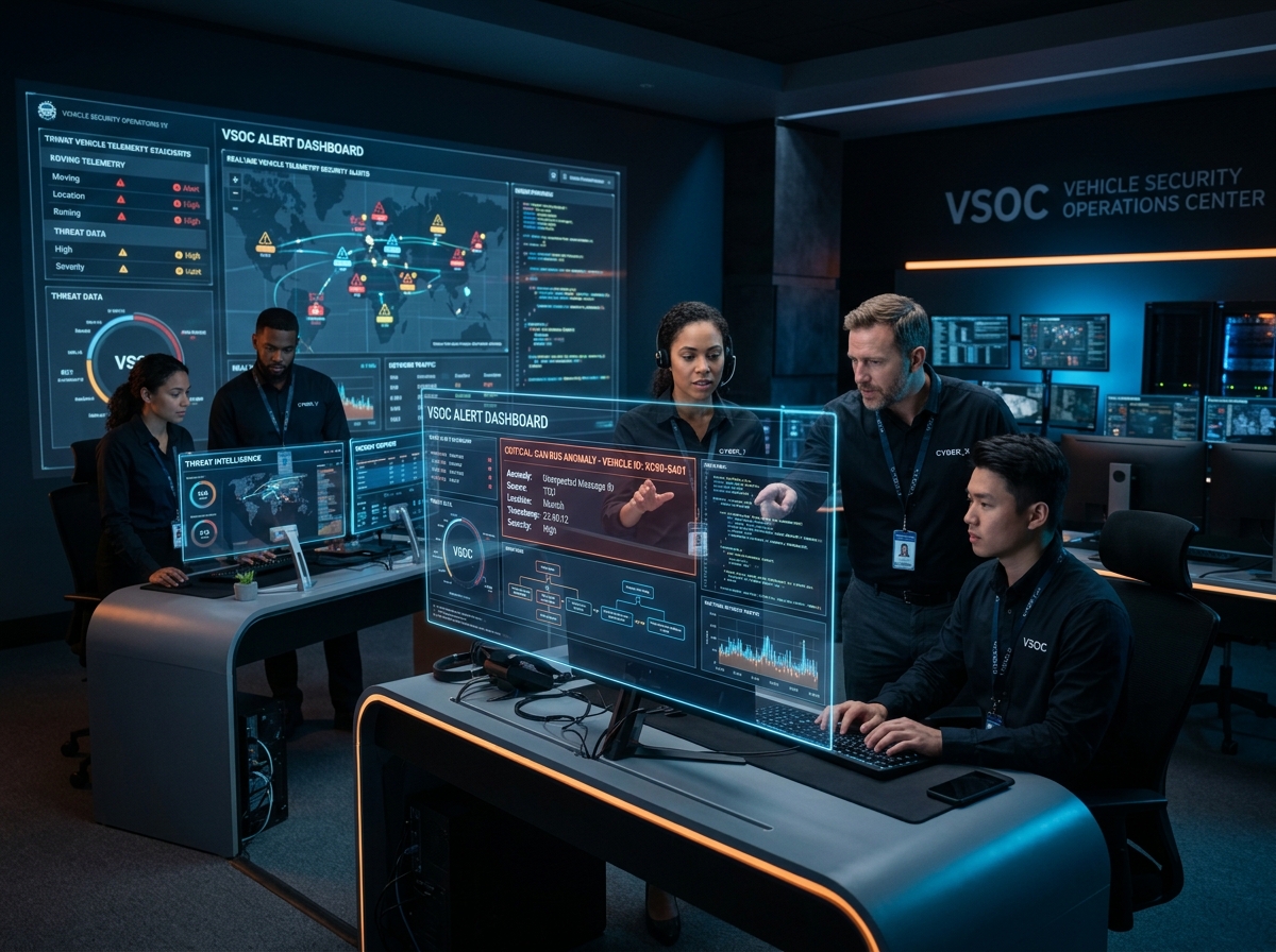 Vehicle Security Operations Center (VSOC) team actively analyzing telemetry anomalies and CAN bus alerts